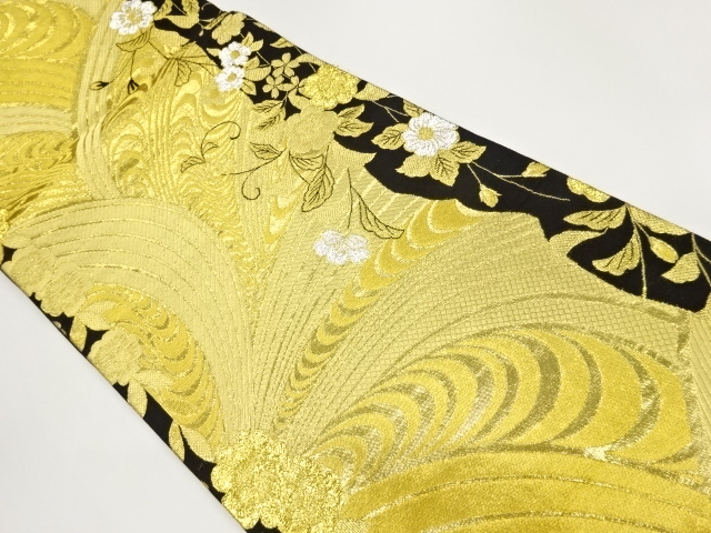 草花に曲線模様織出し袋帯